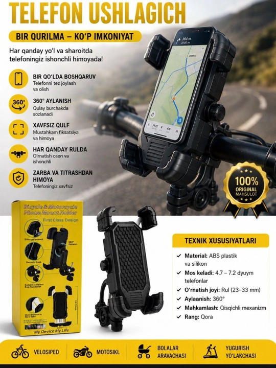 Velosiped va samokat uchun telefon uchun ushlagich, universal Scooter phone holder 360°