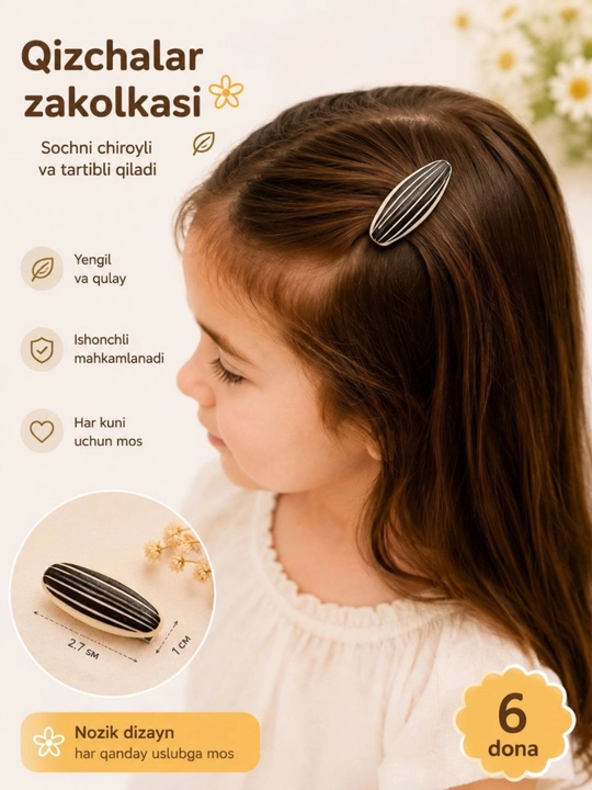 Mini zakolkalar to‘plami 6 dona qizlar uchun soch qisqichi bolalar aksessuari