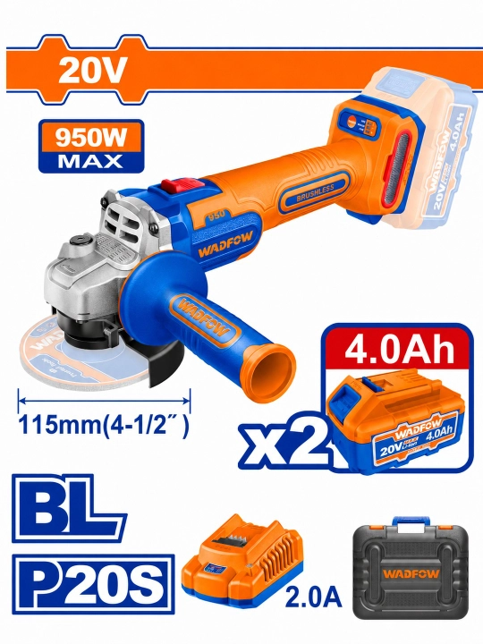 WADFOW WLAP5322 20V 115 mm simsiz cho‘tkasiz burchakli silliqlash mashinasi - 