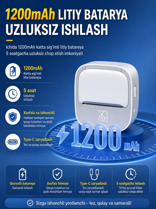 Yorliqlar, QR kod, shtrix kodlar uchun portativ  M1 mini printer | bluetooth