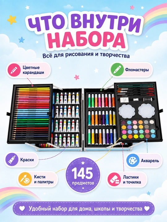 Детский художественный набор для рисования, 145 предметов, раскладной чемодан