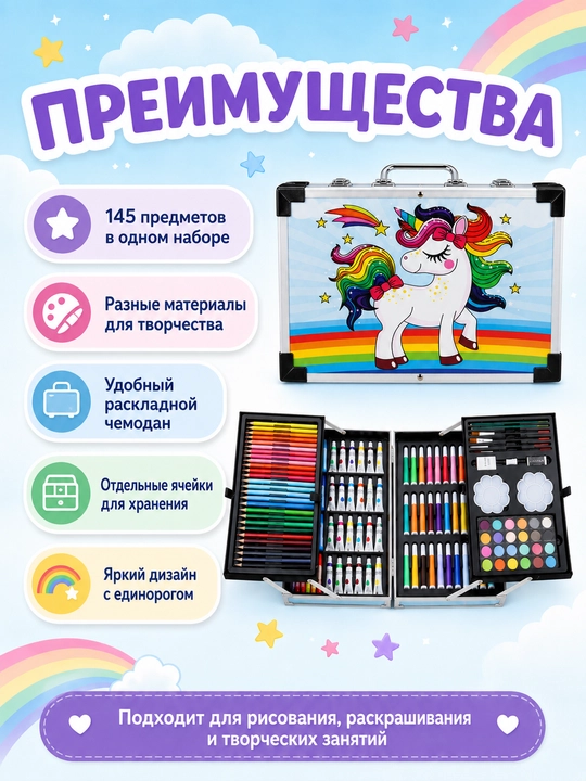 Детский художественный набор для рисования, 145 предметов, раскладной чемодан