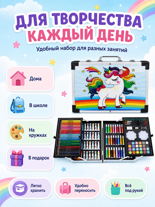Детский художественный набор для рисования, 145 предметов, раскладной чемодан