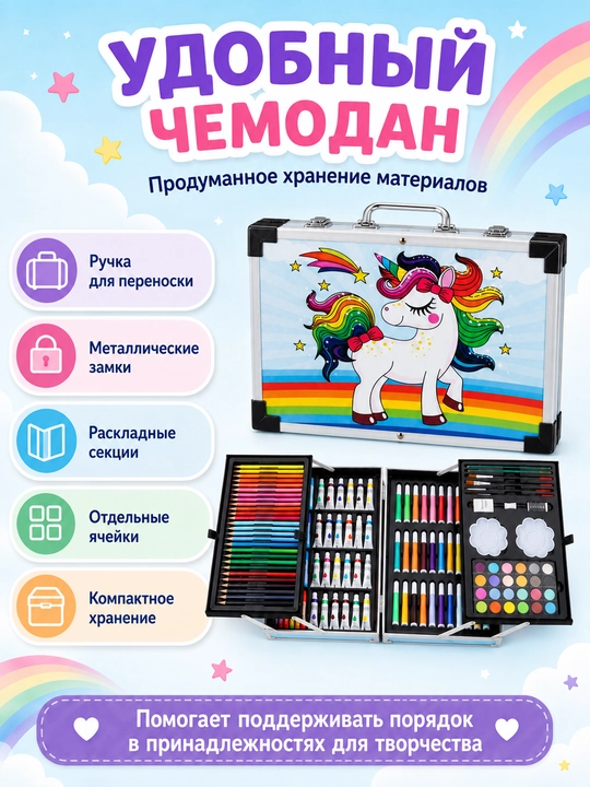 Детский художественный набор для рисования, 145 предметов, раскладной чемодан