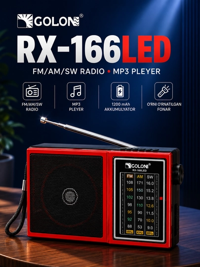 Radio GOLON RX-166LED portativ radiopriyomnik FM AM SW USB TF qizil