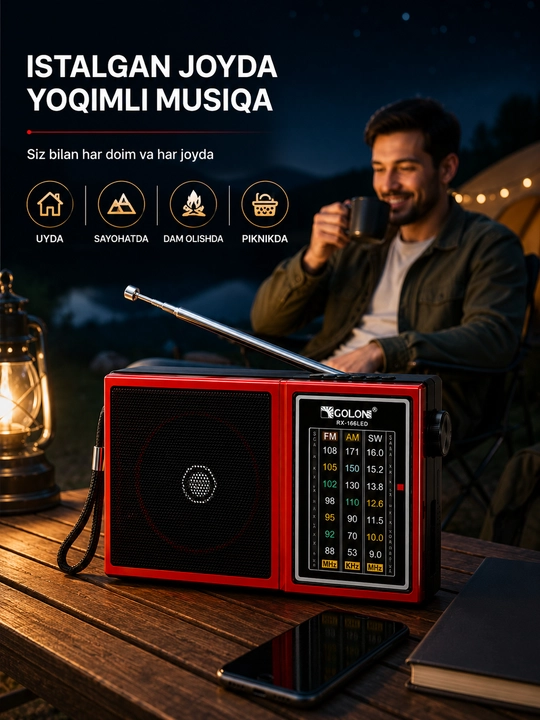 Radio GOLON RX-166LED portativ radiopriyomnik FM AM SW USB TF qizil