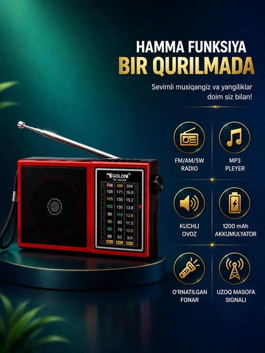Radio GOLON RX-166LED portativ radiopriyomnik FM AM SW USB TF qizil