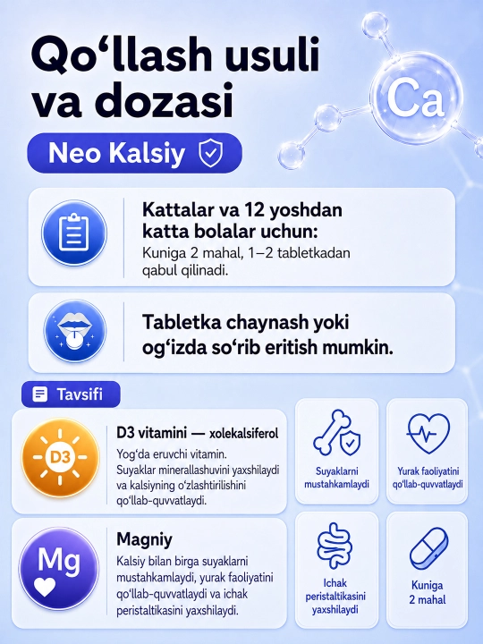 Kalsiy tabletkalari Neo Kalsiy 800 mg D3 + Magniy, 60 tabletka