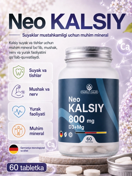 Kalsiy tabletkalari Neo Kalsiy 800 mg D3 + Magniy, 60 tabletka