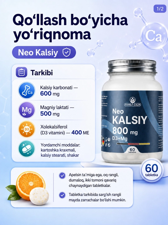 Kalsiy tabletkalari Neo Kalsiy 800 mg D3 + Magniy, 60 tabletka