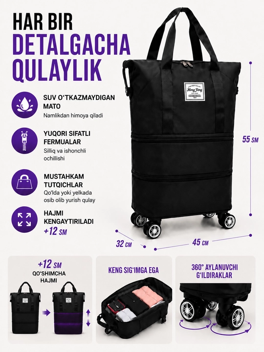 Ayollar uchun transformer yo‘l sumkasi, suv o‘tkazmaydigan