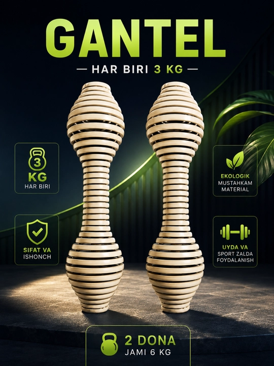 3 kg dan 2 ta gantel, uy va sport zali uchun yog‘och massaj gantellari, 6 kg - 