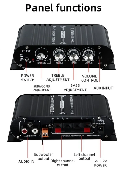 ST838 Hi-Fi ovoz kuchaytirgichi 2×200W Bluetooth FM USB, karnay va sabvufer uchun