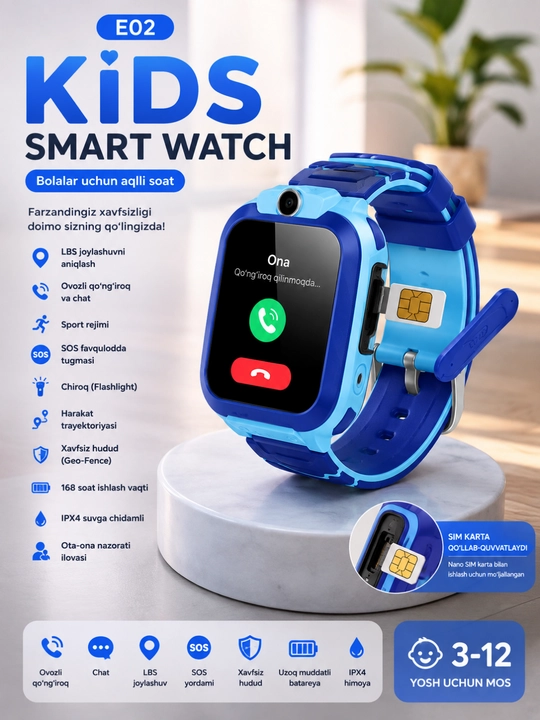 E02 Kids Smart Watch – Детские Смарт Часы с Камерой и SIM-картой