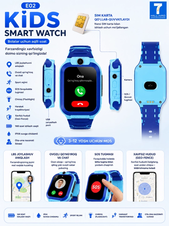 E02 Kids Smart Watch – Детские Смарт Часы с Камерой и SIM-картой