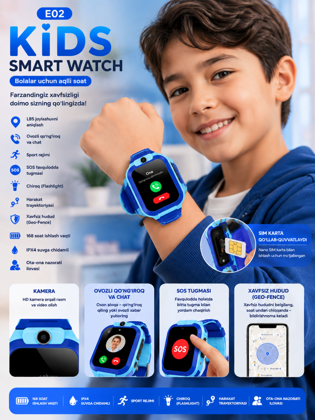 E02 Kids Smart Watch – Детские Смарт Часы с Камерой и SIM-картой - 