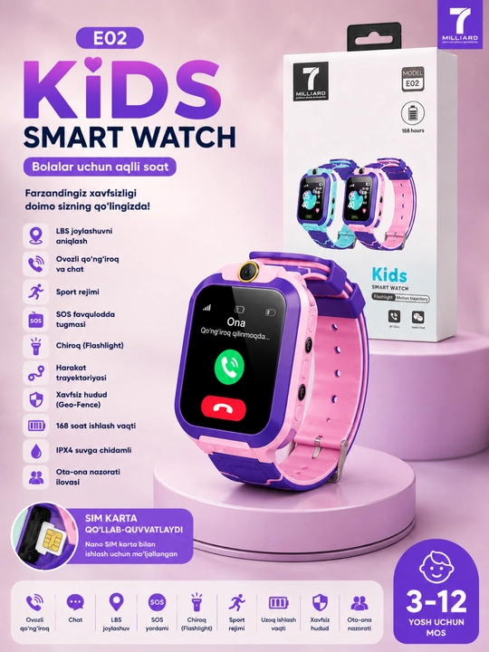 E02 Kids Smart Watch – Детские Смарт Часы с Камерой и SIM-картой - 