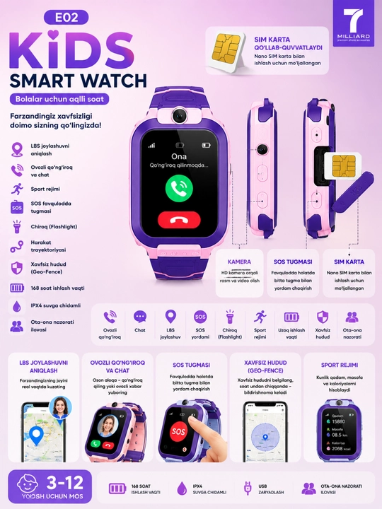 E02 Kids Smart Watch – Детские Смарт Часы с Камерой и SIM-картой