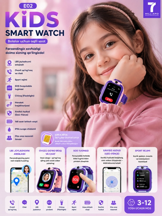 E02 Kids Smart Watch – Детские Смарт Часы с Камерой и SIM-картой