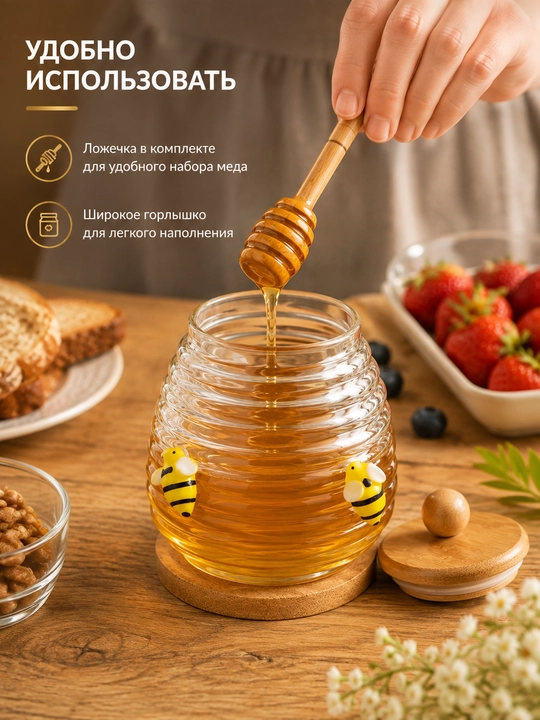 Баночка для меда стеклянная 380 мл с бамбуковой крышкой и ложкой для меда