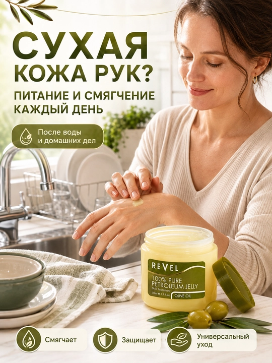 Вазелин косметический Revel с оливковым маслом для губ и кожи, 50 мл