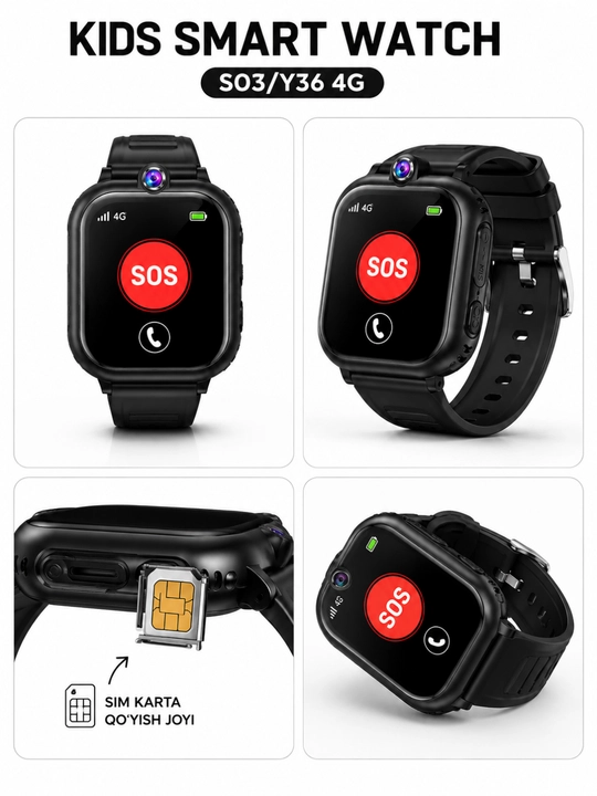 Детские умные часы S03/Y36 4G с SIM-картой, GPS, SOS и видеозвонком - 