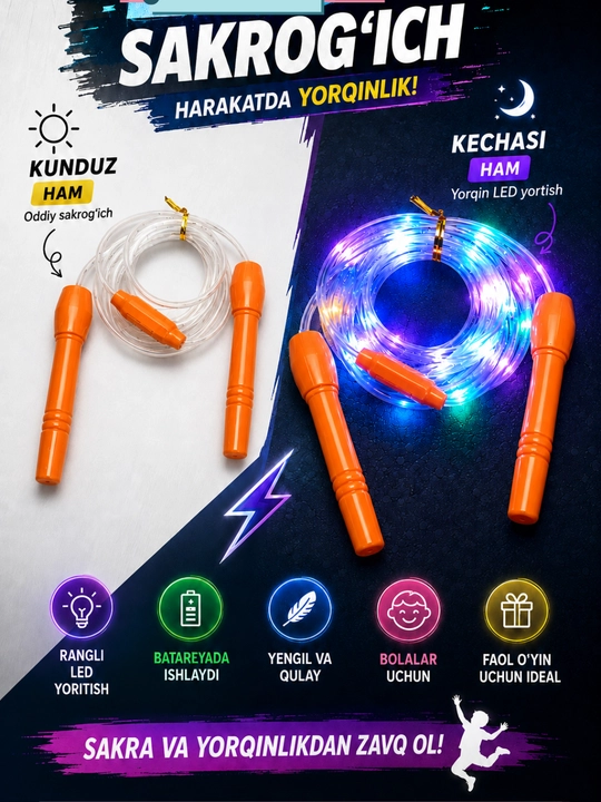 Bolalar uchun LED sakragich, Sakrogich, LED yoritgichli sakragich, skakalka 2.8m - 