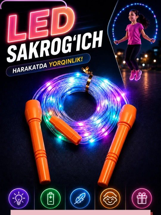 Bolalar uchun LED sakragich, Sakrogich, LED yoritgichli sakragich, skakalka 2.8m