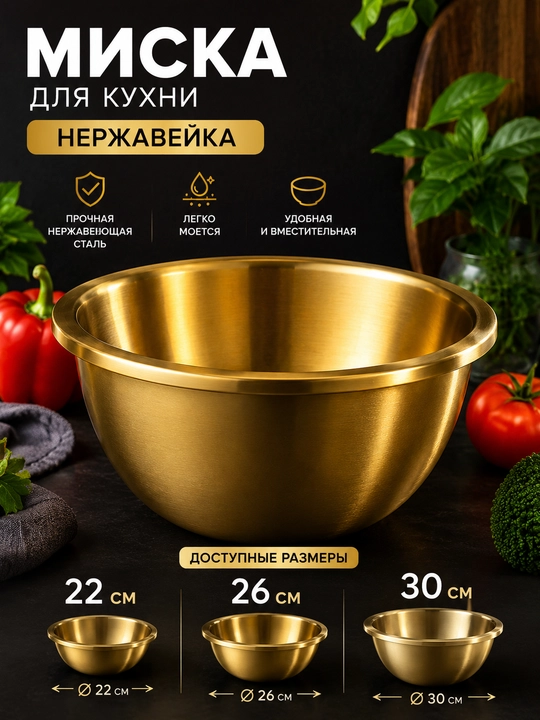 Золотистые миски для кухни, 3 размера, нержавеющая сталь - 