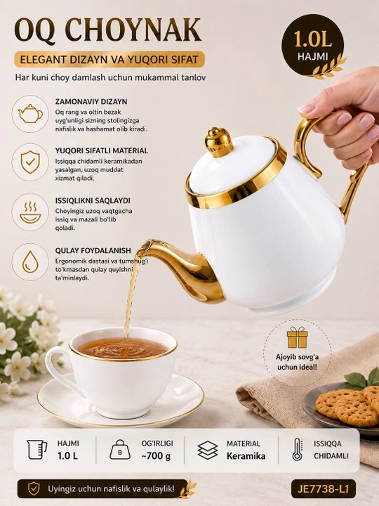 1.0 L keramik choynak – oltin bezakli, issiqqa chidamli, nafis dizayn - 