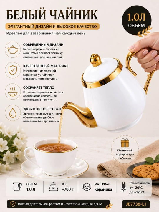 1.0 L keramik choynak – oltin bezakli, issiqqa chidamli, nafis dizayn