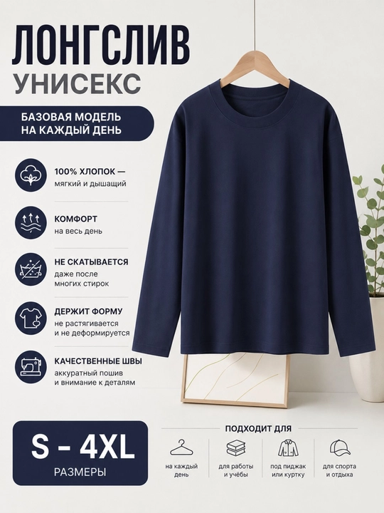 Longsliv uniseks (100% paxta), S-4XL - 