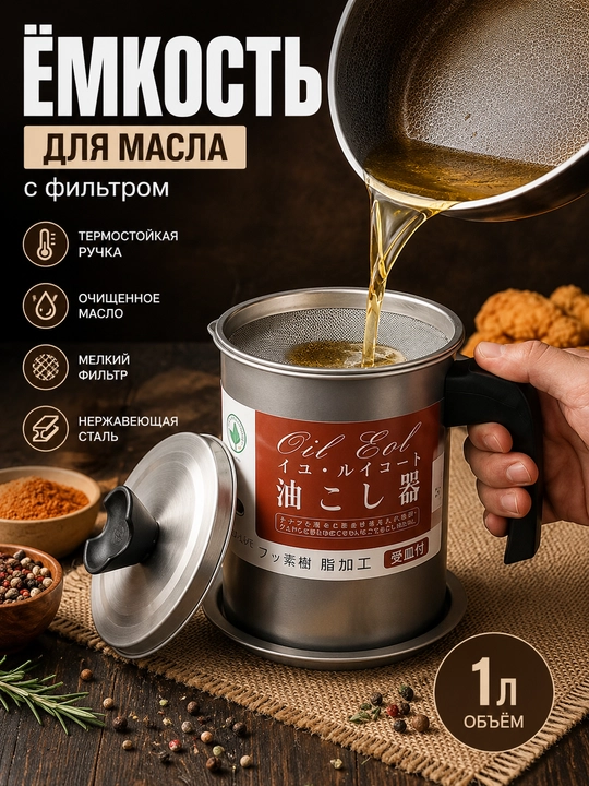 Ёмкость для масла с фильтром 1 л из нержавеющей стали, контейнер для хранения масла - 