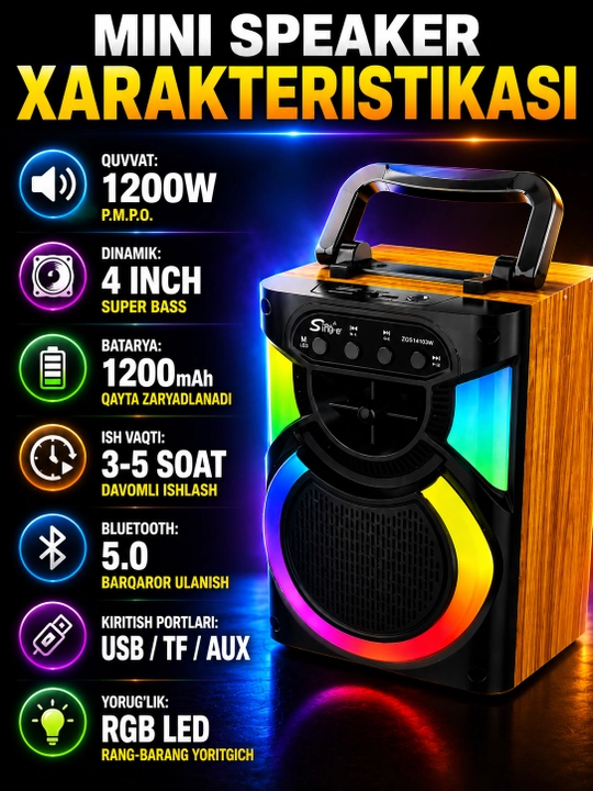 Динамик Super Bass 1200 Вт с RGB LED подсветкой и Bluetooth