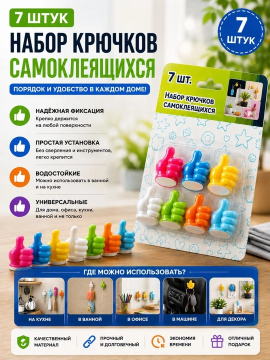 Набор самоклеящихся крючков – 7 штук