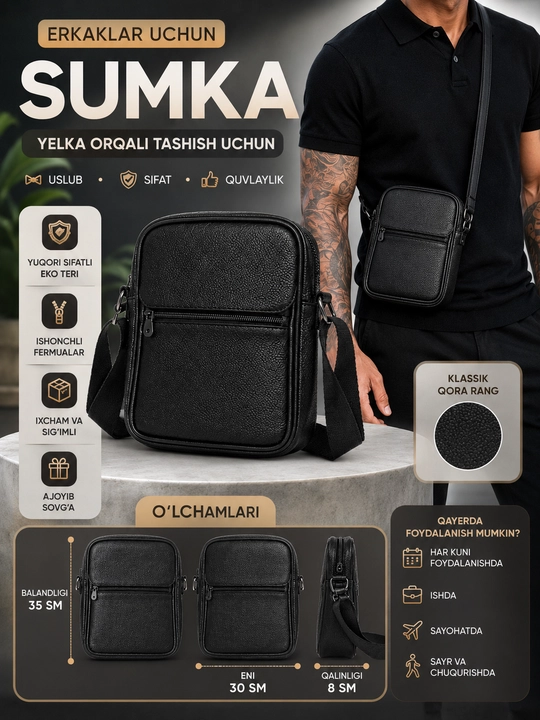 Erkaklar sumkasi, maktab sumkasi, yelkaga osiladigan, eko charmdan, qora, ixcham kross-bodi - 