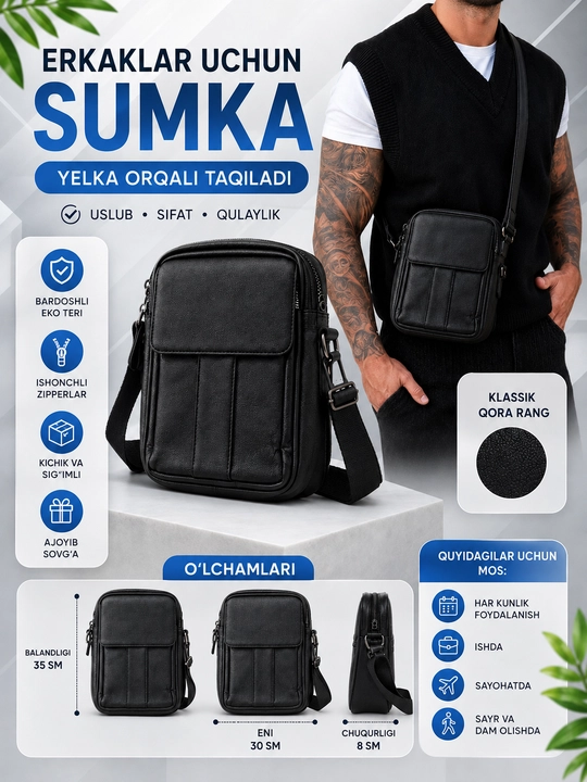 Erkaklar sumkasi, maktab sumkasi, yelkaga osiladigan, eko charmdan, qora, ixcham kross-bodi - 