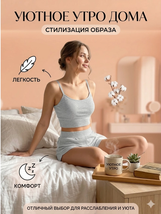 Комплект женский топ на бретелях и шорты в рубчик, домашний костюм - 