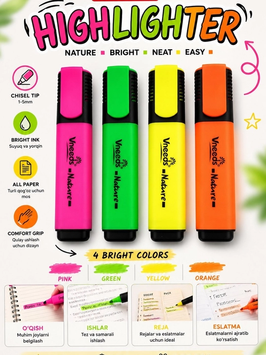 Набор текстовыделителей Vneeds Highlighter Original, 4 неоновых цвета, 1–5 мм - 