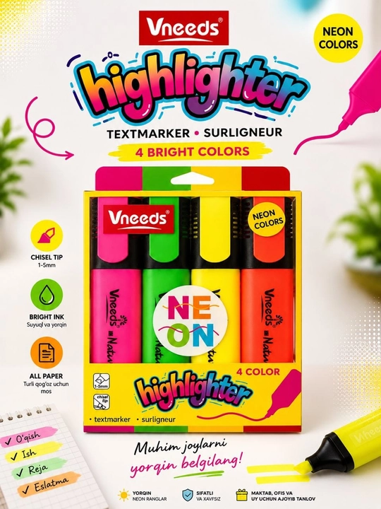 Набор текстовыделителей Vneeds Highlighter Original, 4 неоновых цвета, 1–5 мм