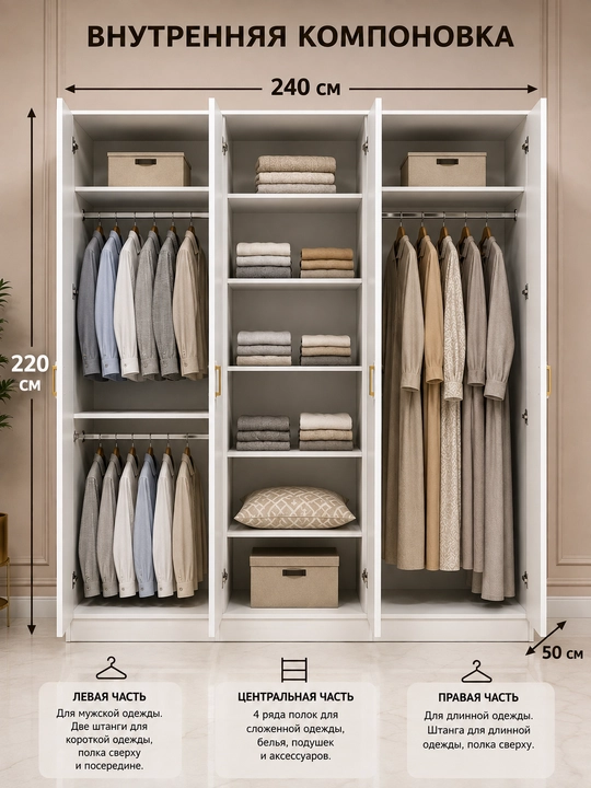 Premium 6 Eshikli Oynali Kiyim Shkafi, Oq MDF, 240×220×50 sm, To'liq Ko'zguli