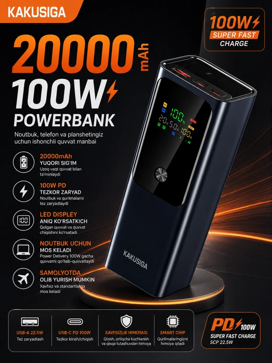 Повербанк Kakusiga 20000 mAh 100W PD быстрая зарядка для ноутбука с LED дисплеем - 