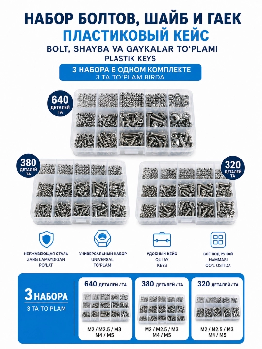 Набор болтов шайб гаек в пластиковом кейсе 320/380/640pcs - 