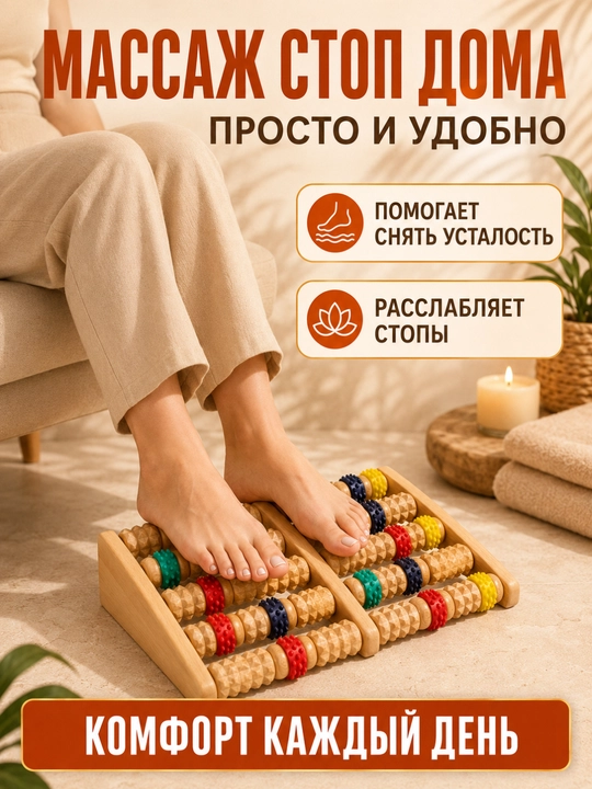 Массажер для ног деревянный, 40 роликов, резиновые шипы, для стоп и пяток
