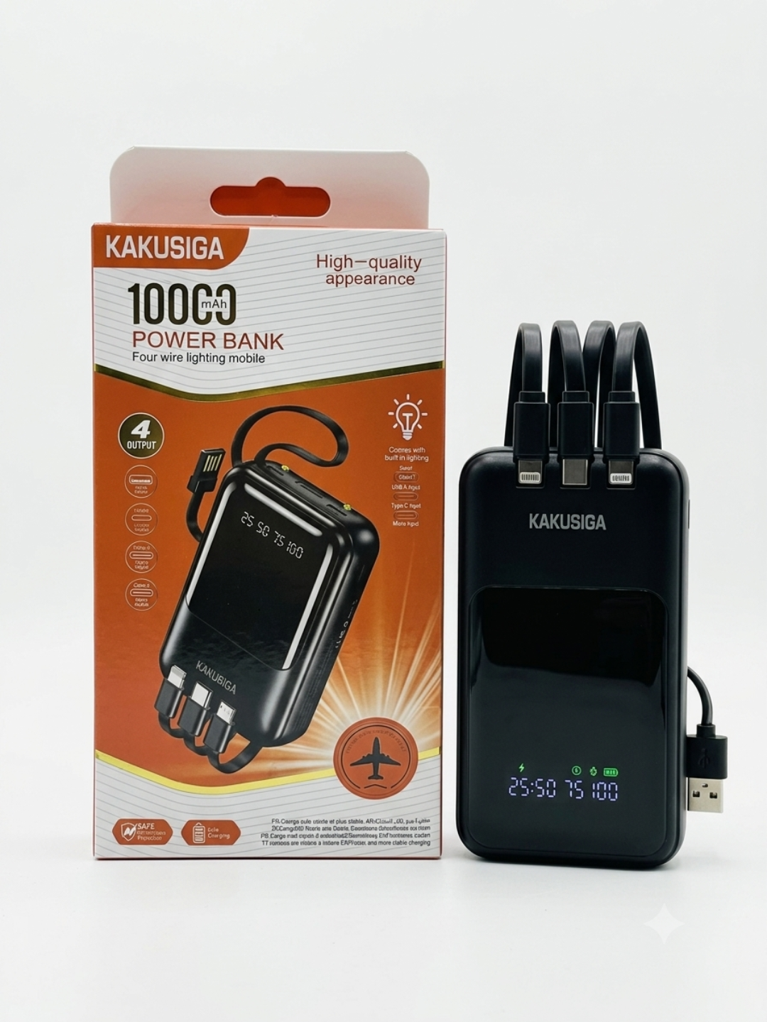 Power Bank Kakusiga 10000 mAh 4 ta o'rnatilgan kabel va LED displey