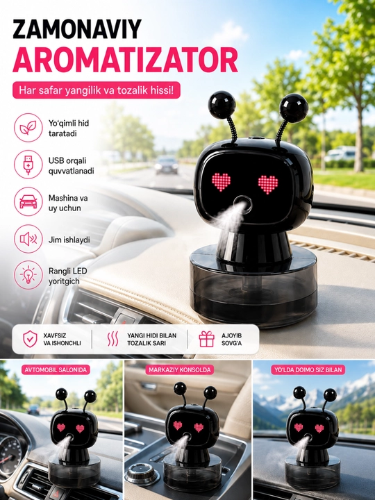 Aqlli robot aromadiffuzor yoqimli hid  zamonaviy dizayn va sokin muhit yaratadi