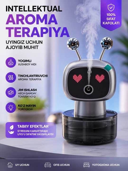 Aqlli robot aromadiffuzor yoqimli hid  zamonaviy dizayn va sokin muhit yaratadi