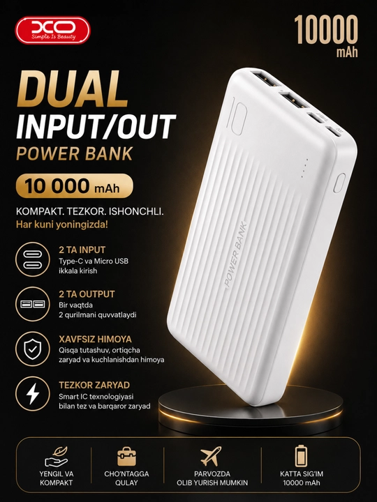 Повербанк XO 10000 mAh компактный внешний аккумулятор 2 USB Type-C Micro-USB - 