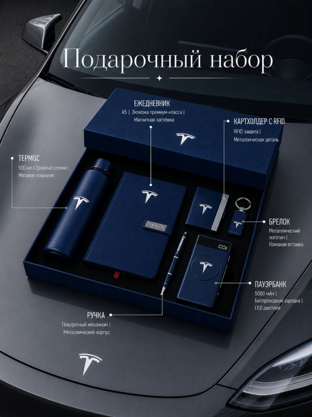Подарочный набор TESLA для мужчин и женщин: блокнот, ручка, термос, брелок, визитница - 