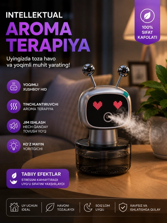 Aqlli robot aromadiffuzor yoqimli hid  zamonaviy dizayn va sokin muhit yaratadi